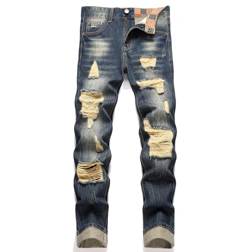 RXXKKK Men's Regular Fit Ripped Jean (28, 750 Vintage Blue) at